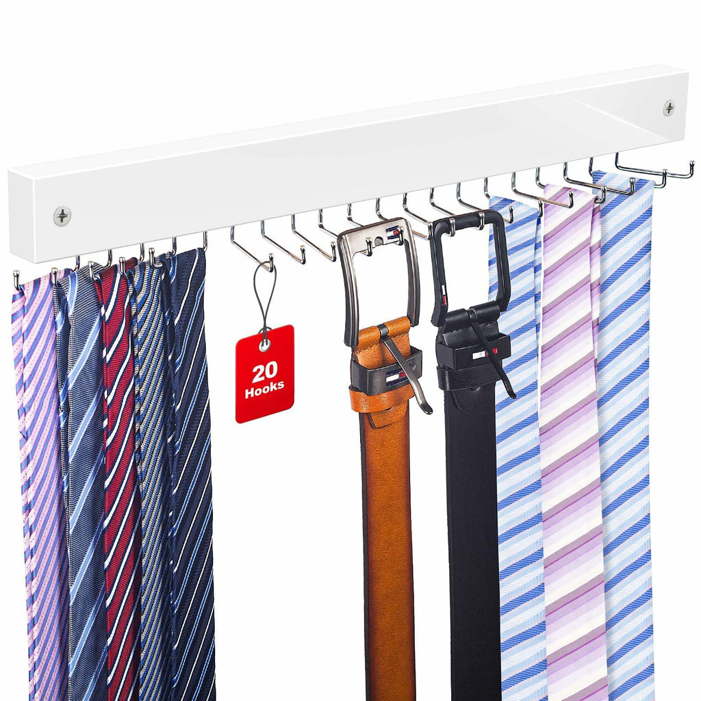 Tie Rack Wall Mounted, Belt Rack Tie Organizer for Men with 20 Storage Hooks,