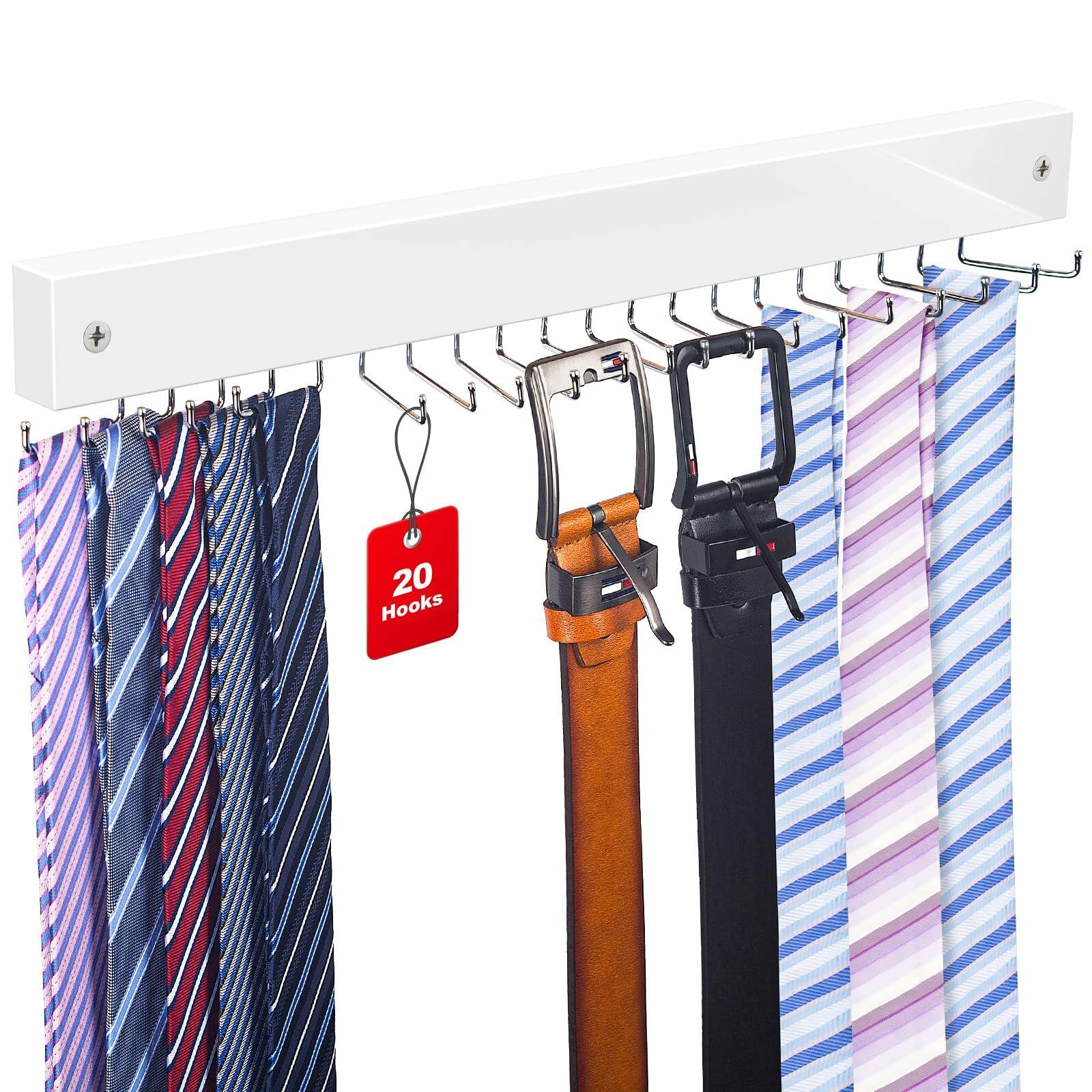 Tie Rack Wall Mounted, Belt Rack Tie Organizer for Men with 20 Storage Hooks,