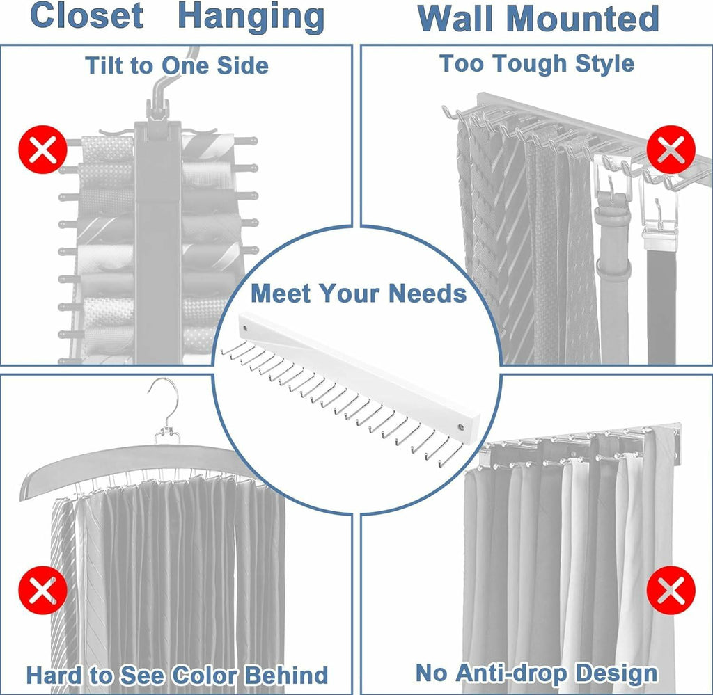 Tie Rack Wall Mounted, Belt Rack Tie Organizer for Men with 20 Storage Hooks,