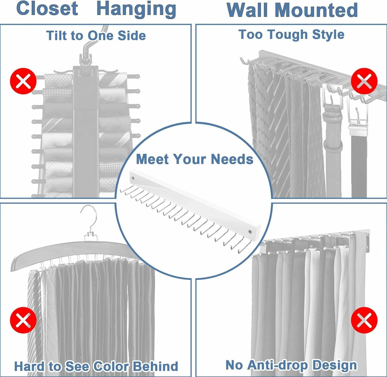 Tie Rack Wall Mounted, Belt Rack Tie Organizer for Men with 20 Storage Hooks,