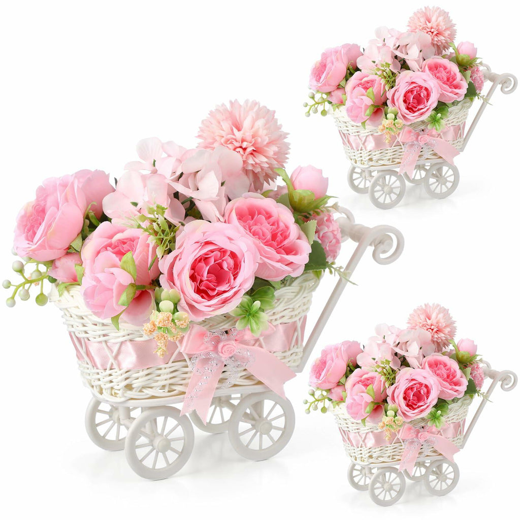Fiwochic 3 Pack Rattan Baby Carriage Floral Arrangement with Bouquet Baby Shower