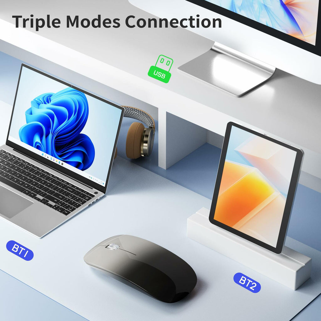 TENMOS M18 Bluetooth Mouse, USB C Rechargeable Wireless Mouse, Triple Mode (Dual