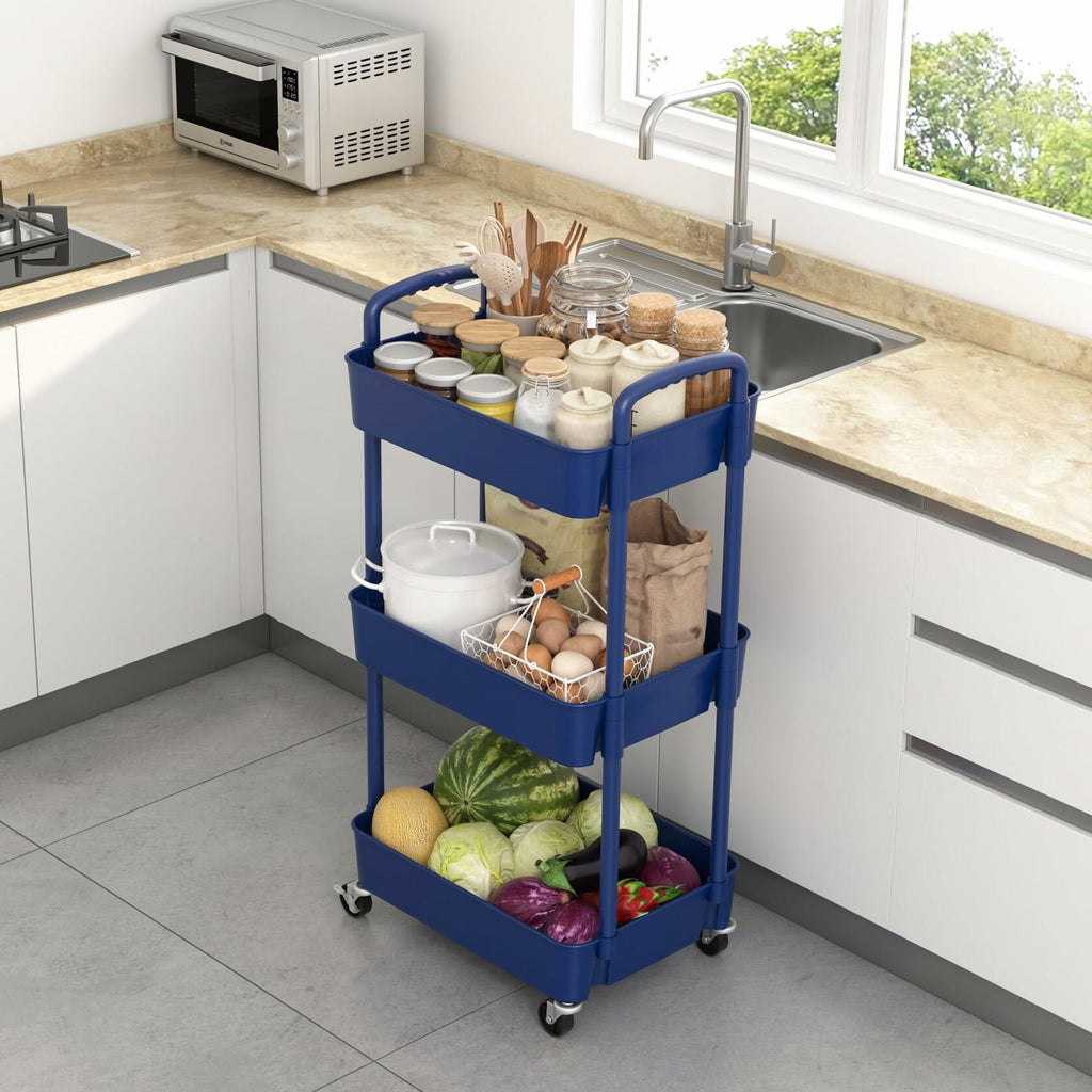 Sywhitta 3-Tier Plastic Rolling Utility Cart with Handle, Multi-Functional