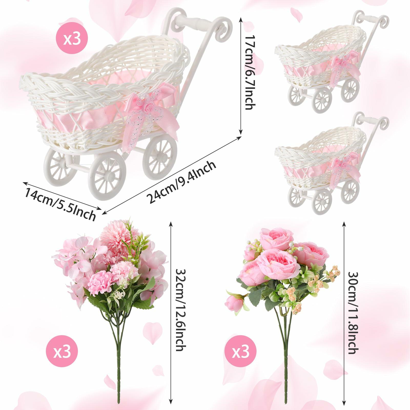 Fiwochic 3 Pack Rattan Baby Carriage Floral Arrangement with Bouquet Baby Shower