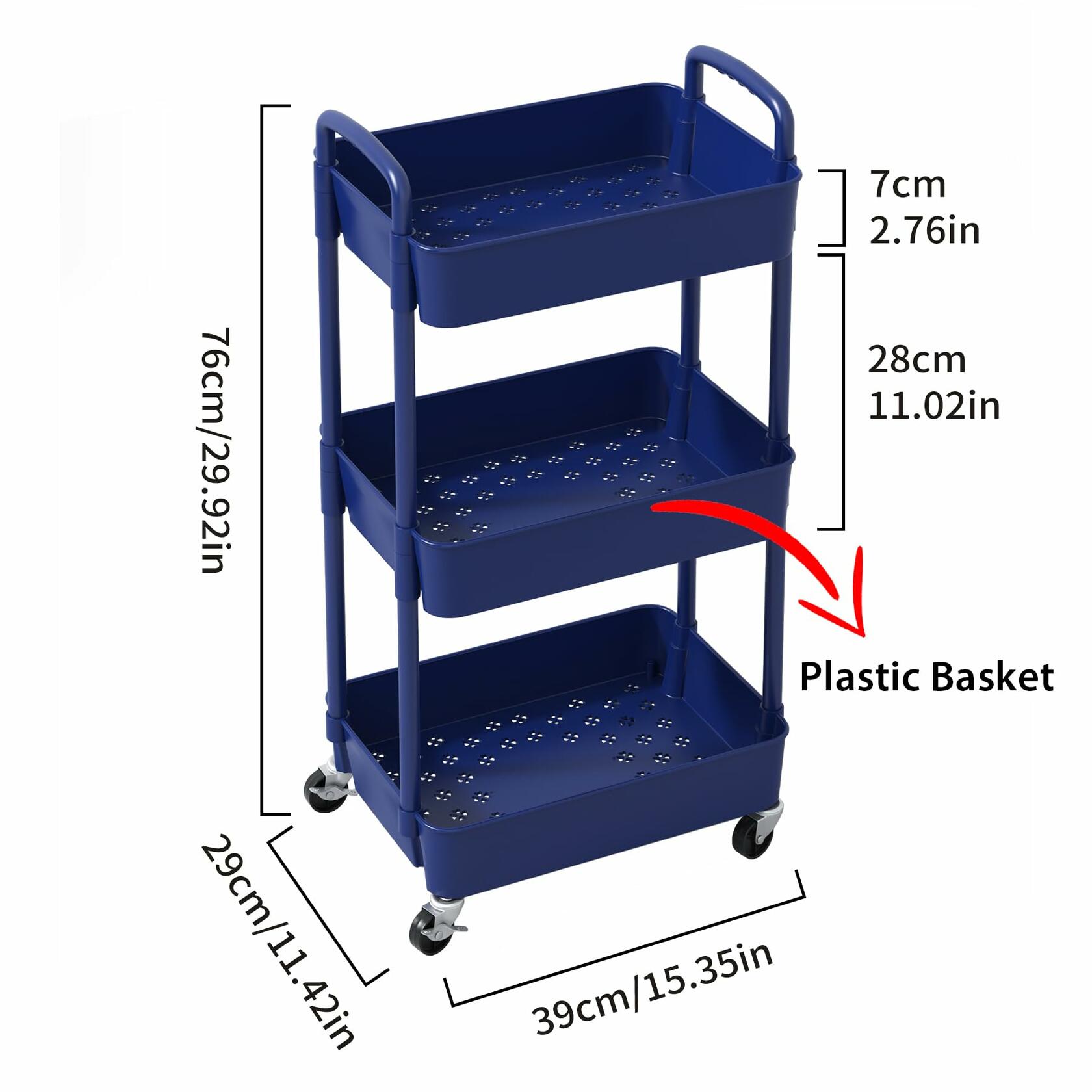 Sywhitta 3-Tier Plastic Rolling Utility Cart with Handle, Multi-Functional