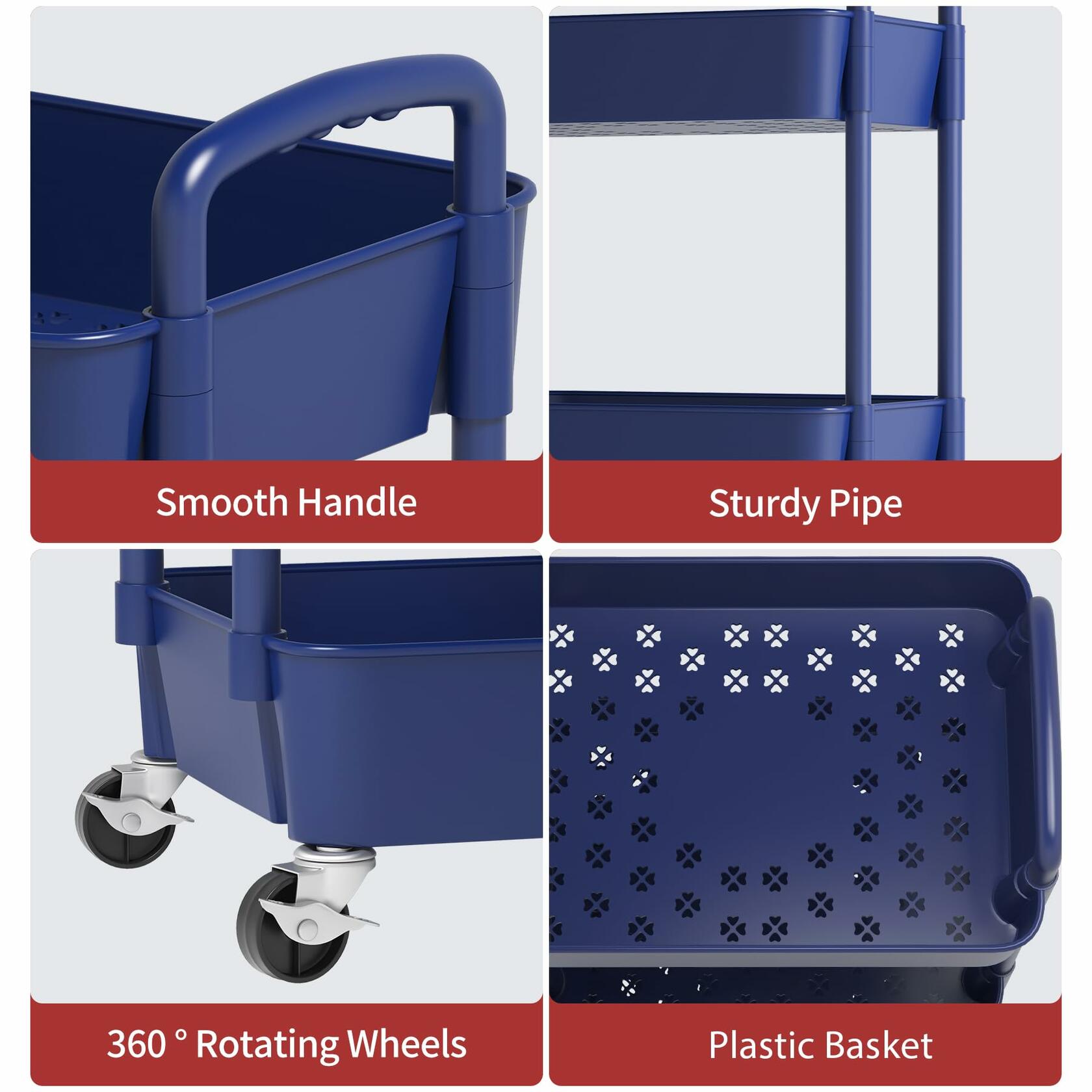 Sywhitta 3-Tier Plastic Rolling Utility Cart with Handle, Multi-Functional