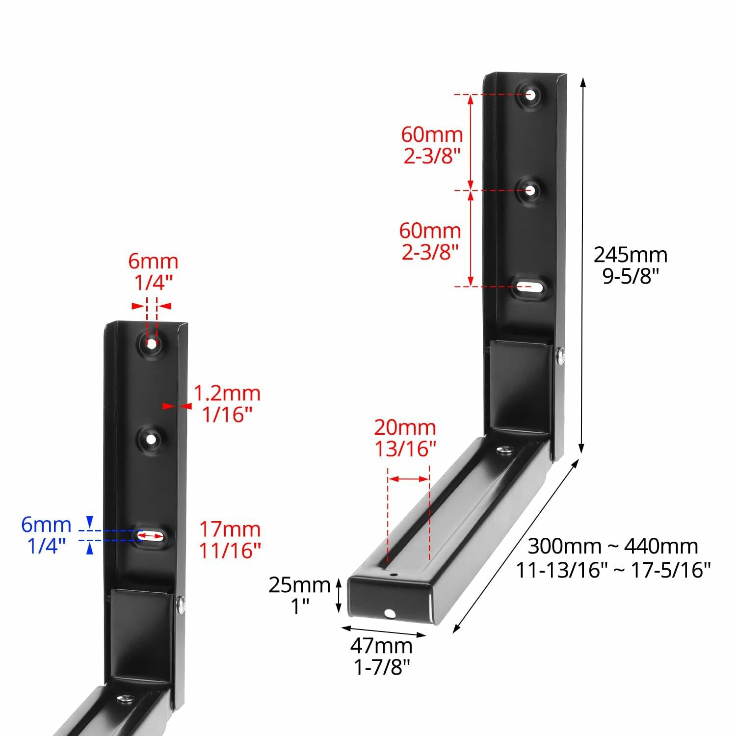 QWORK Adjustable Steel Microwave Wall Mount Brackets 11.7–17.3 in Extension –