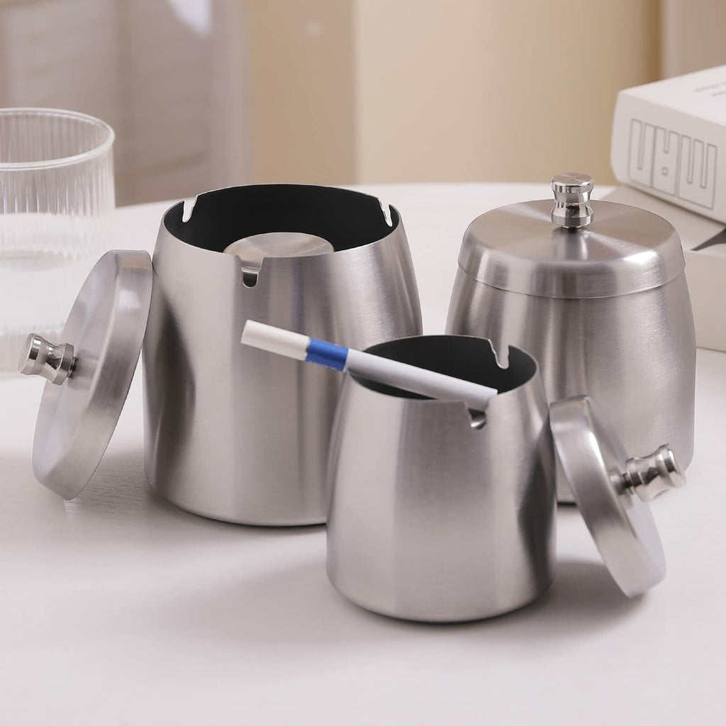 Ashtray with Lid for Cigarette, Stainless Steel Smokeless Odorless Windproof