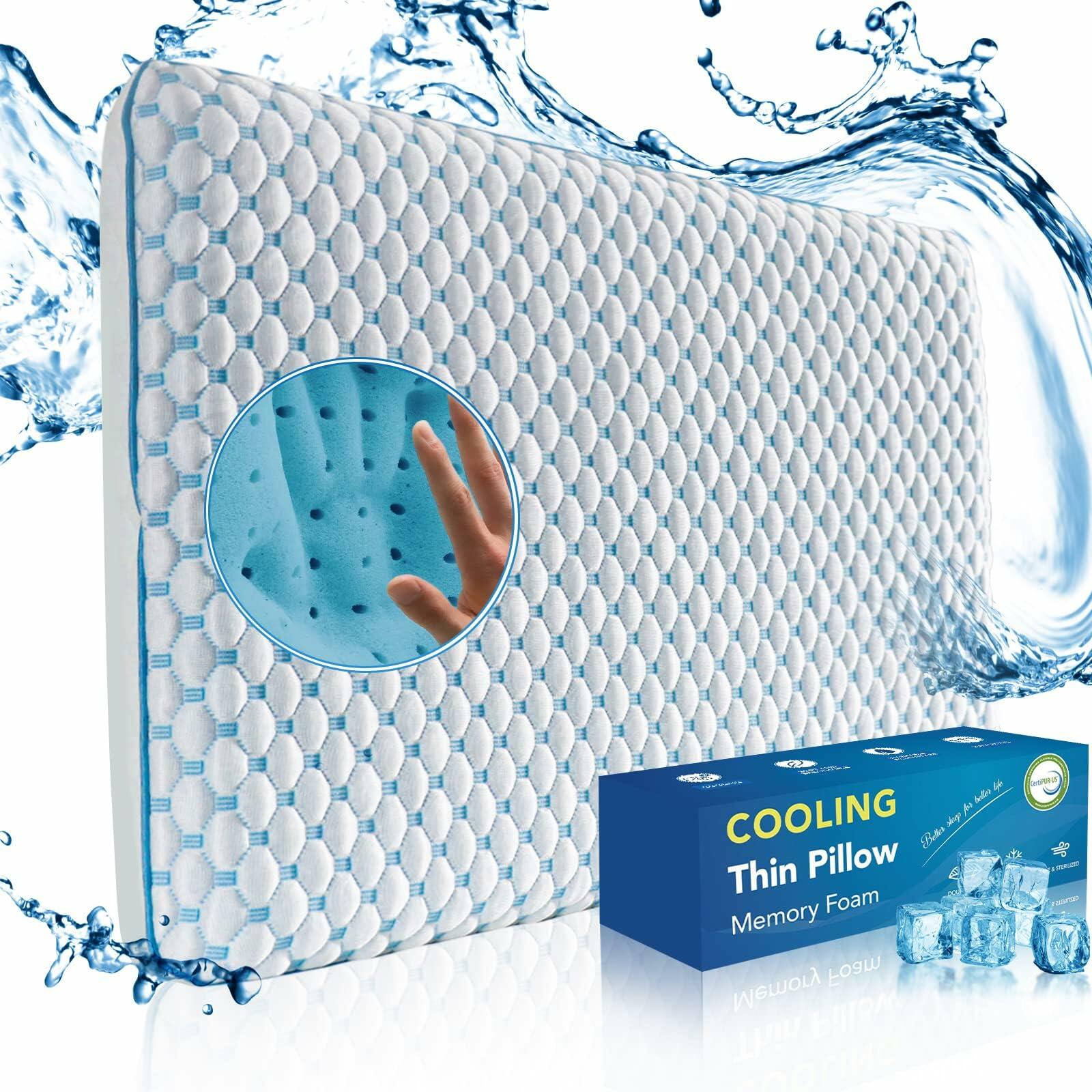 Iwacool Thin Pillow for Sleeping, Cooling Gel Flat Pillow for Stomach and Back