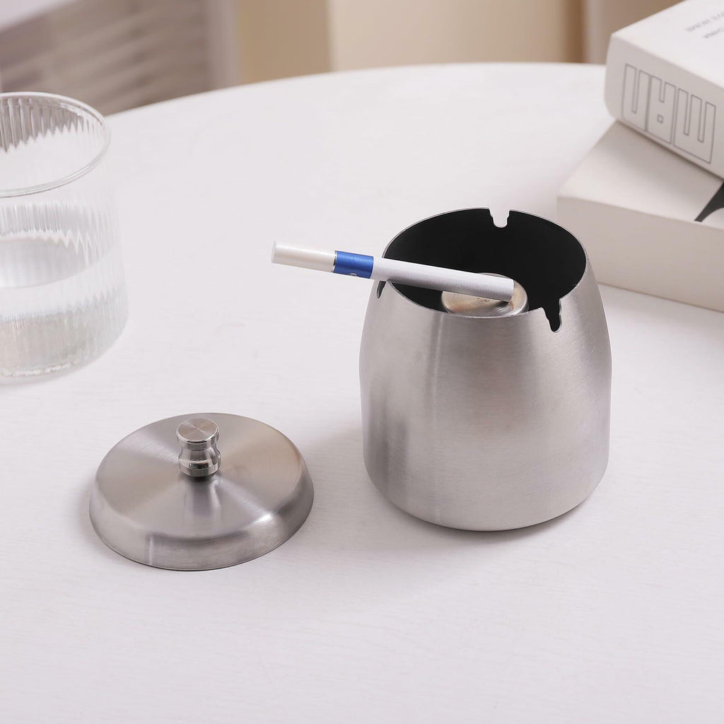 Ashtray with Lid for Cigarette, Stainless Steel Smokeless Odorless Windproof
