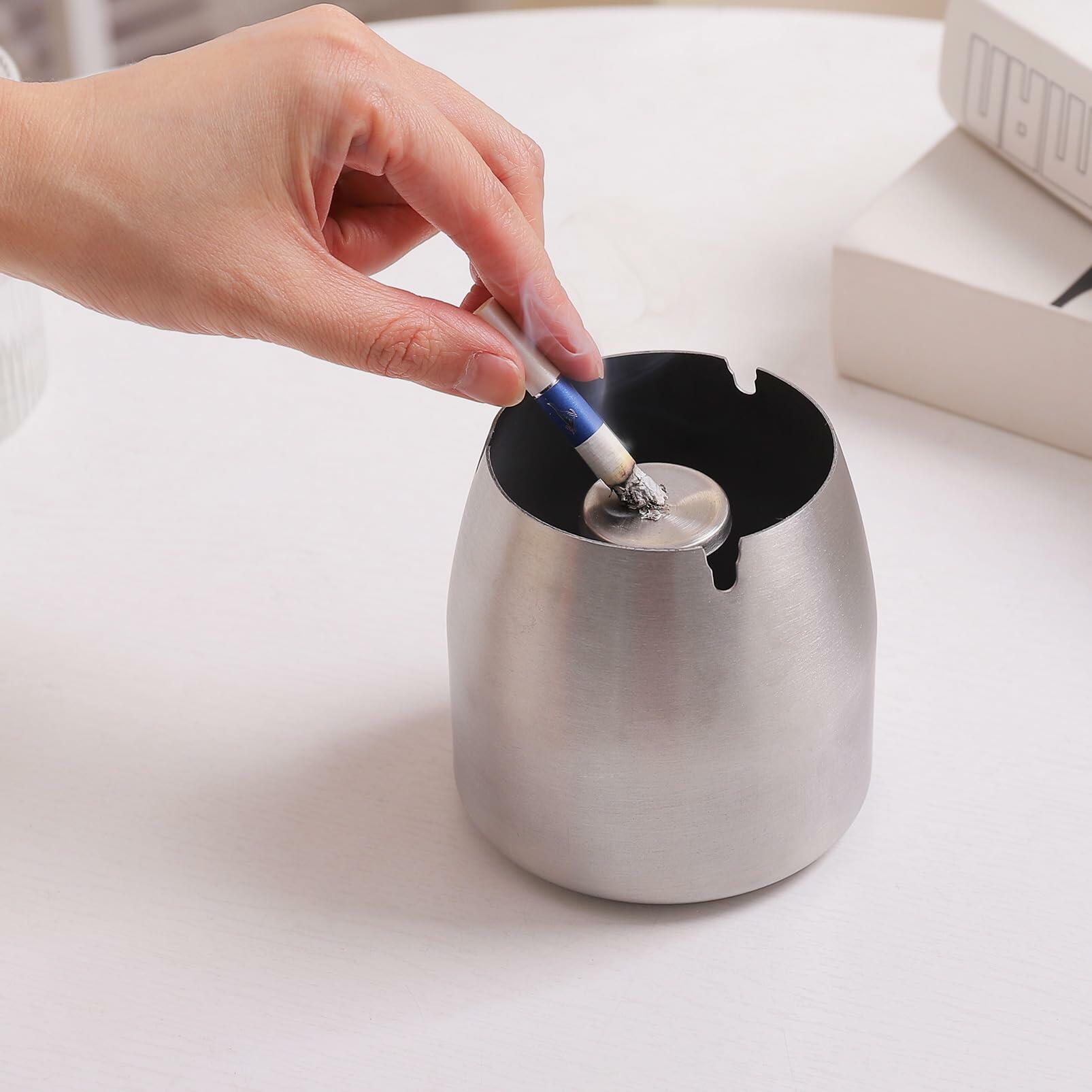Ashtray with Lid for Cigarette, Stainless Steel Smokeless Odorless Windproof