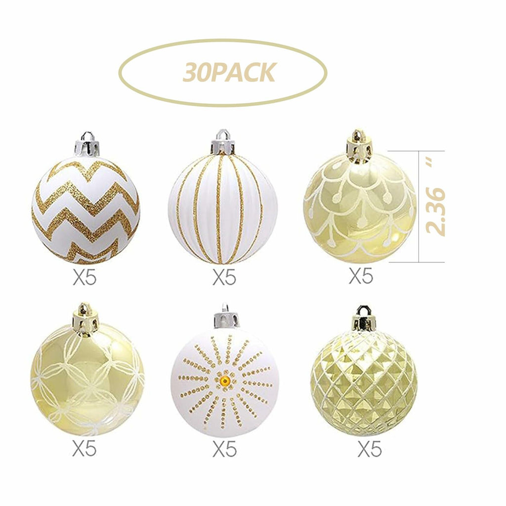 30PCS Christmas Balls Ornaments,60MM Gold&White Painted Shatterproof Festive
