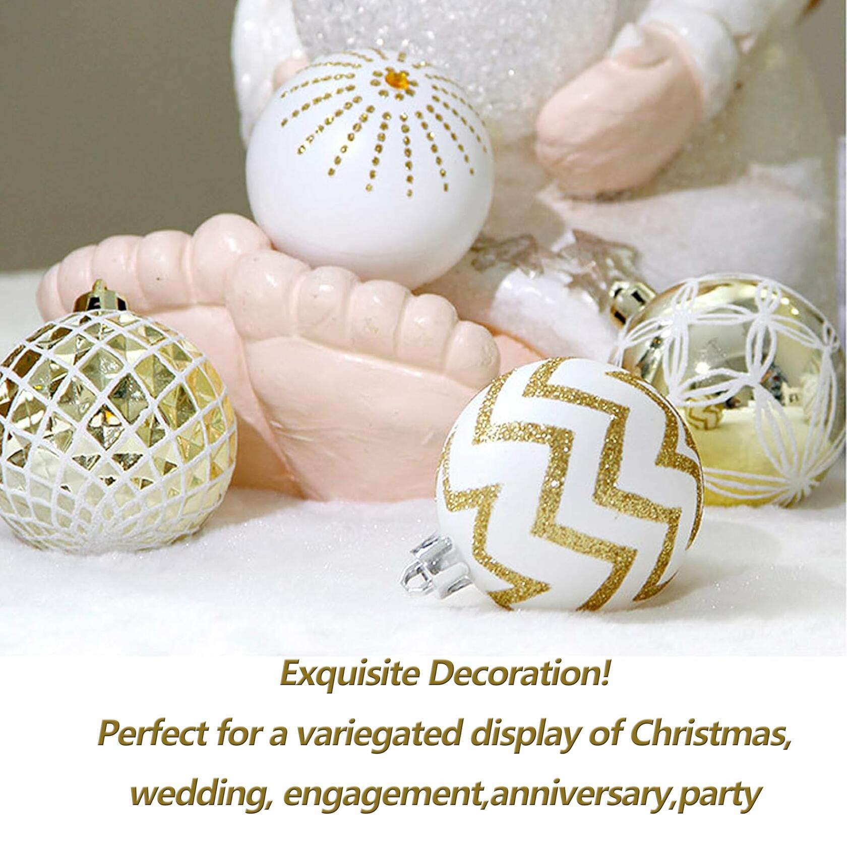 30PCS Christmas Balls Ornaments,60MM Gold&White Painted Shatterproof Festive