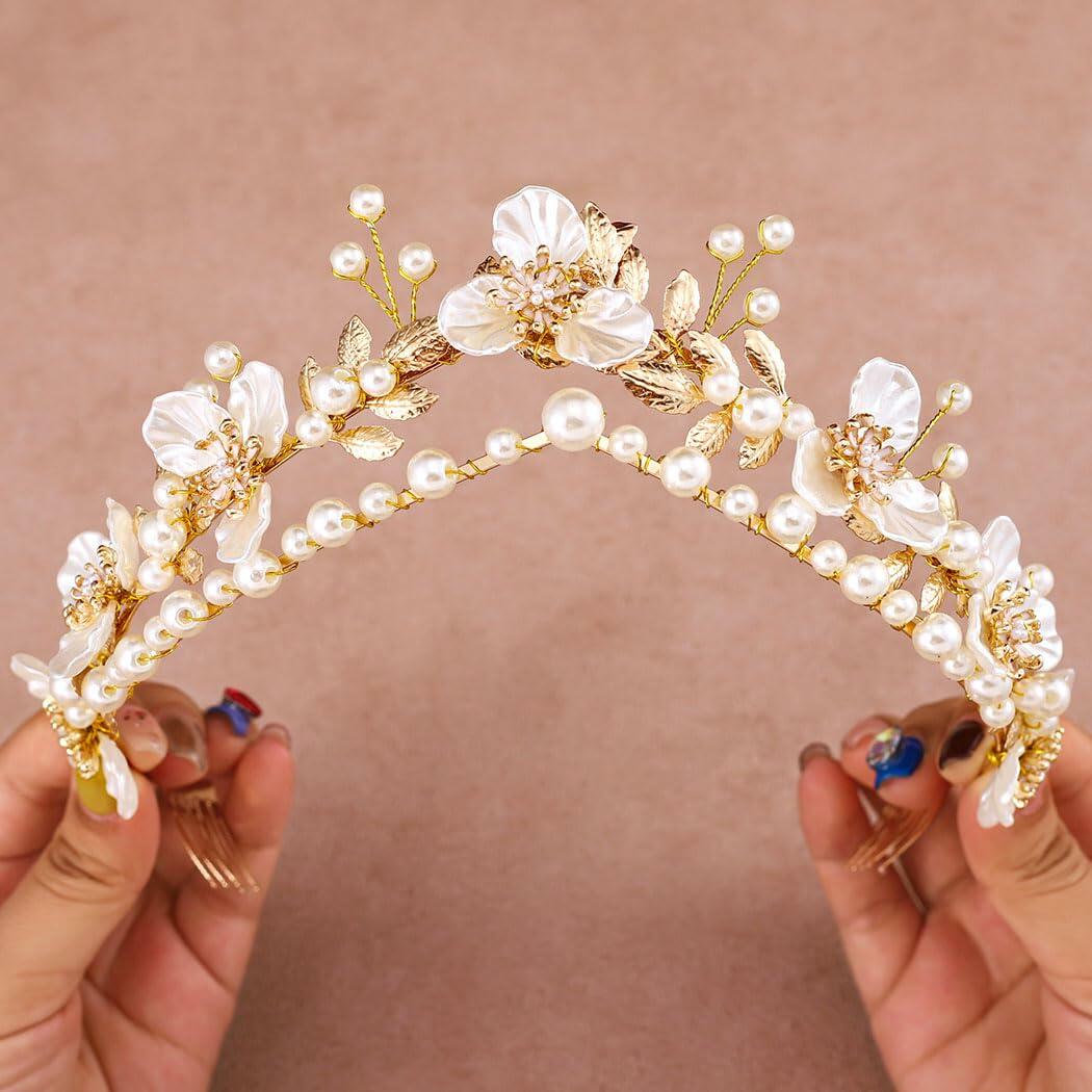 Gortin Flower Crown Bride Wedding Headband Gold Leaf Bridal Princess Headpiece