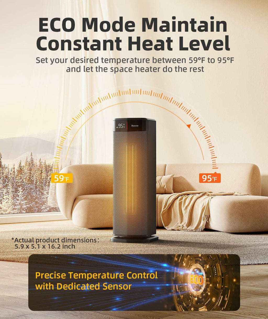 BREEZOME Space Heater for Indoor Use, 1500W Fast Heating Electric Heater with