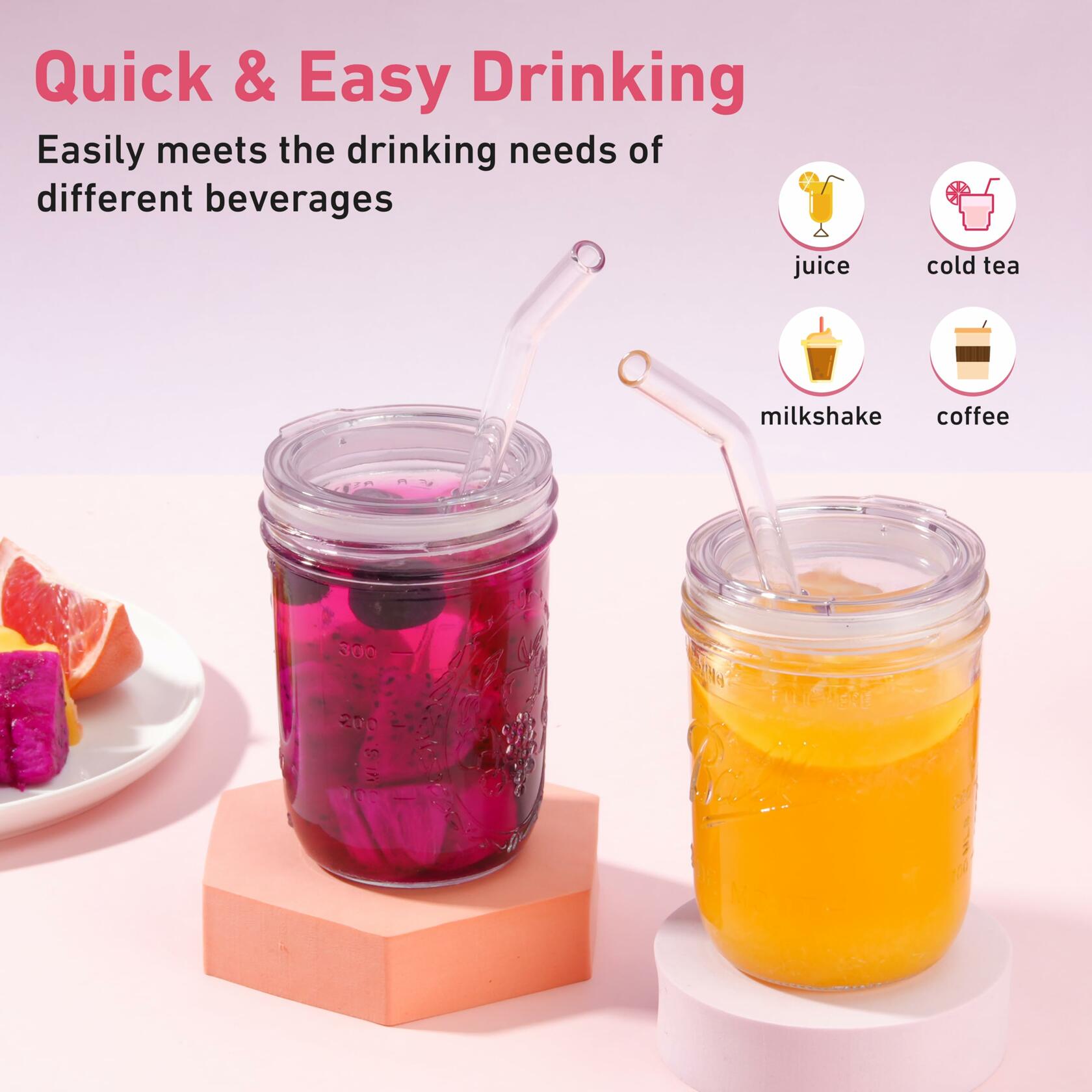 2 PACK Reusable Wide Mouth Mason Jar Lids with Glass Straw Hole -Fit 2.9-inch