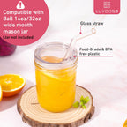 2 PACK Reusable Wide Mouth Mason Jar Lids with Glass Straw Hole -Fit 2.9-inch