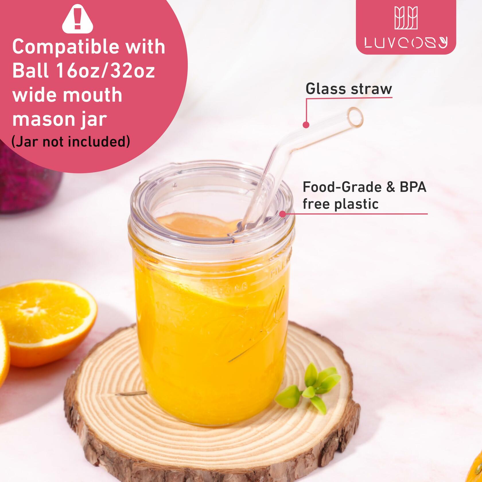 2 PACK Reusable Wide Mouth Mason Jar Lids with Glass Straw Hole -Fit 2.9-inch