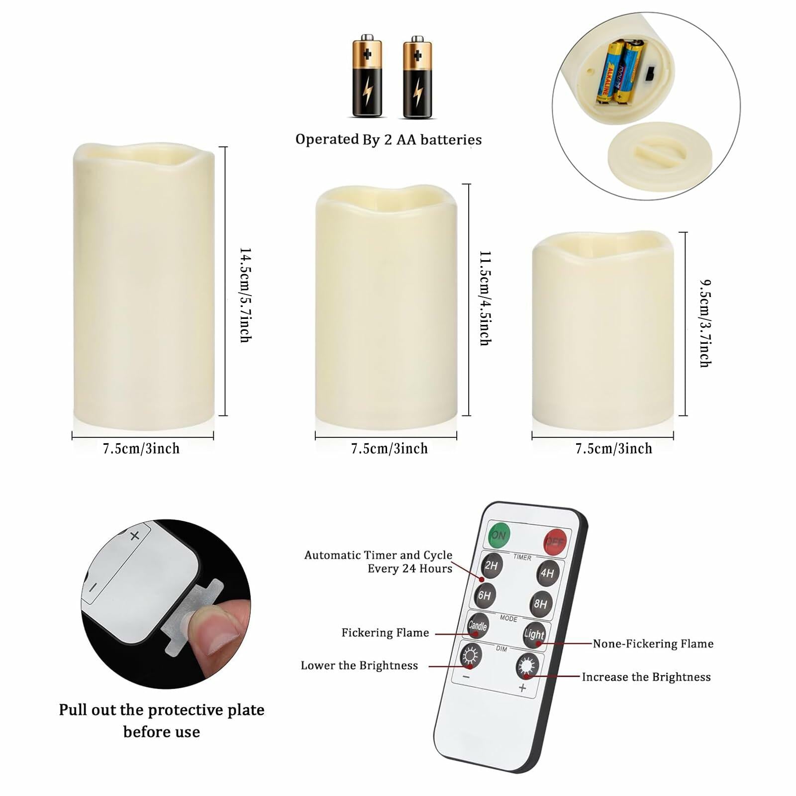 Flameless Candles 4" 5" 6" Set of 3 Ivory Outdoor Indoor Pillars 3" Diameter