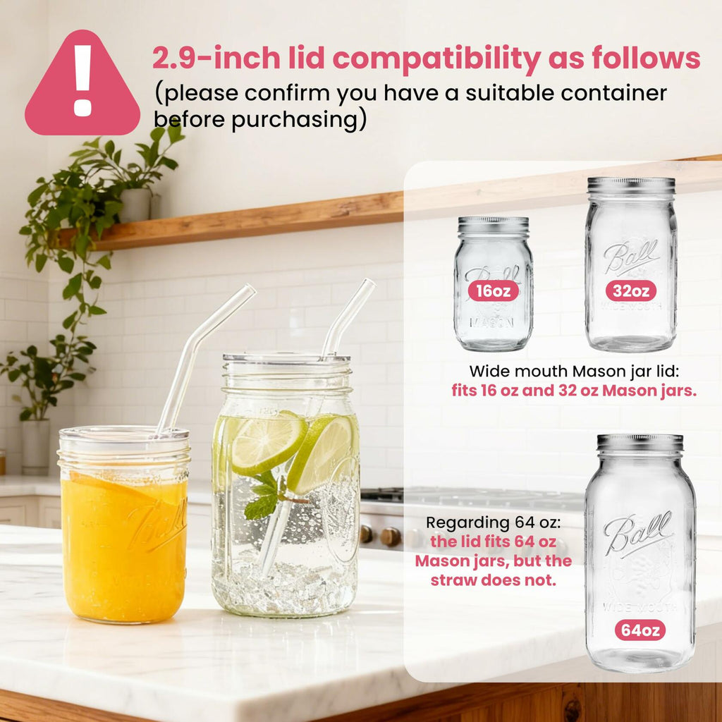 2 PACK Reusable Wide Mouth Mason Jar Lids with Glass Straw Hole -Fit 2.9-inch