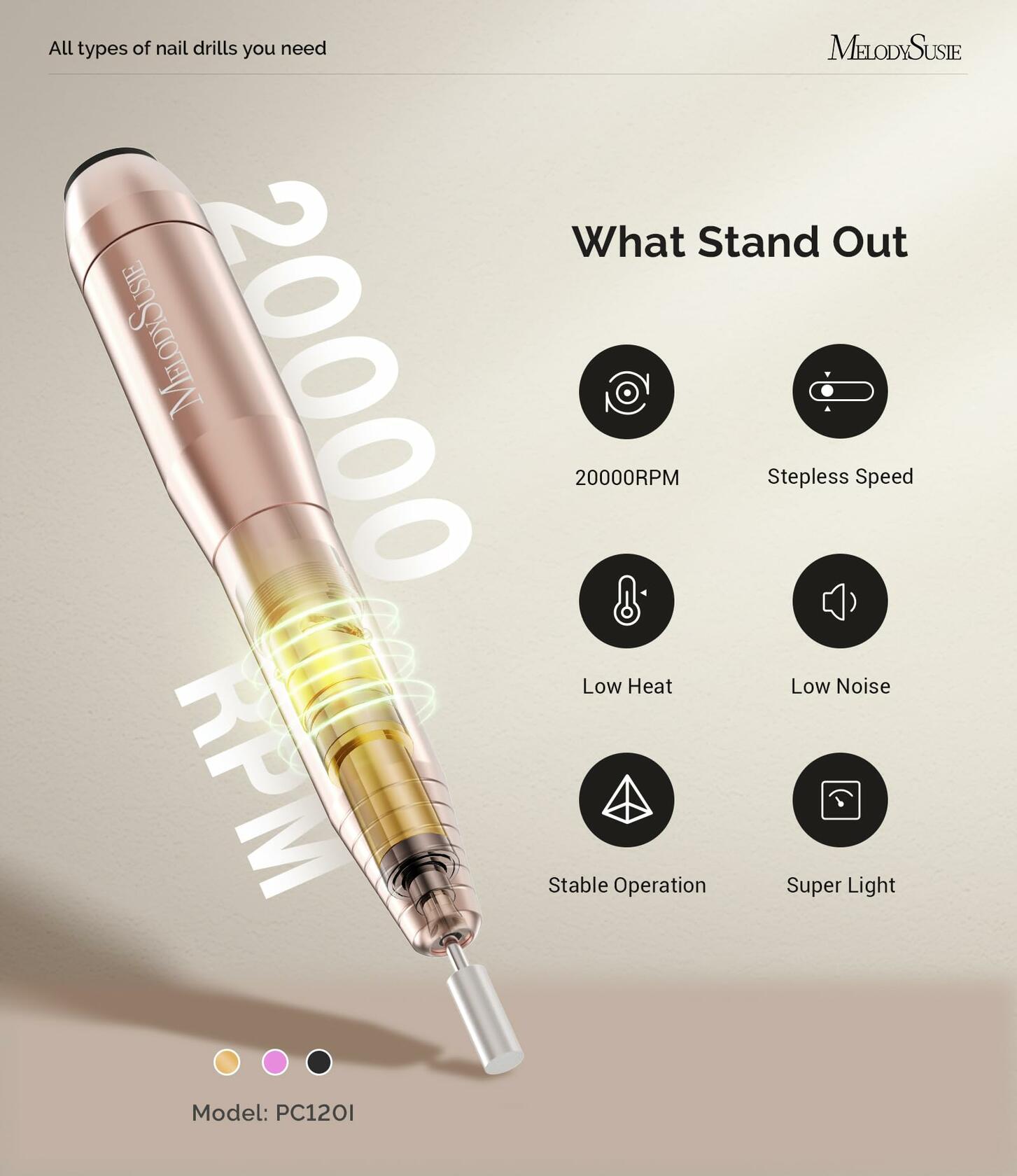 MelodySusie Pen-Shaped Portable USB Nail Drill, PC120I 20000RPM Electric Nail