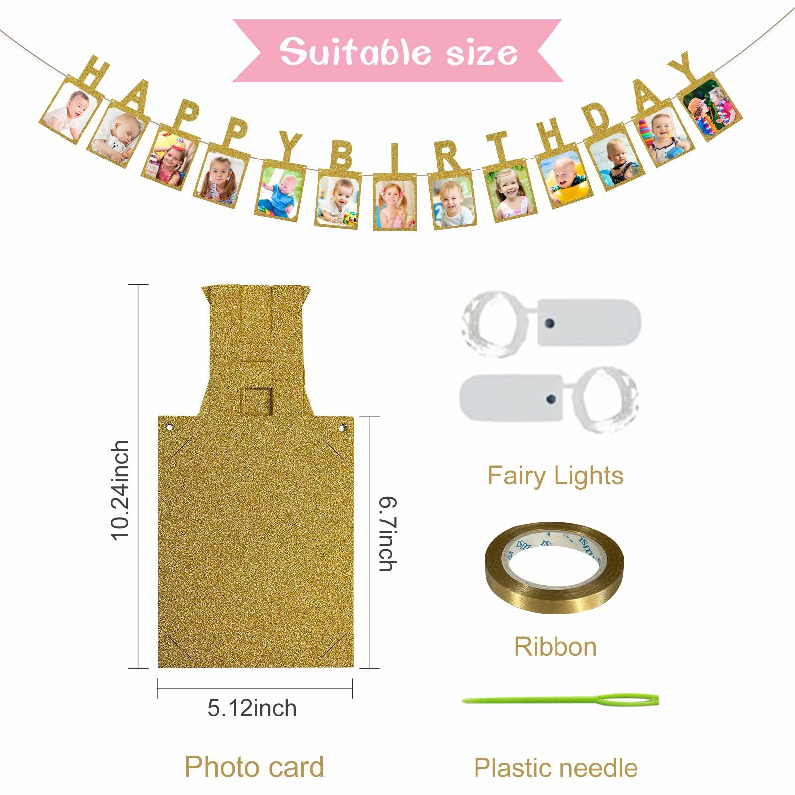 Birthday Photo Banner with 2 Strings of Fairy Lights for Children and Adult