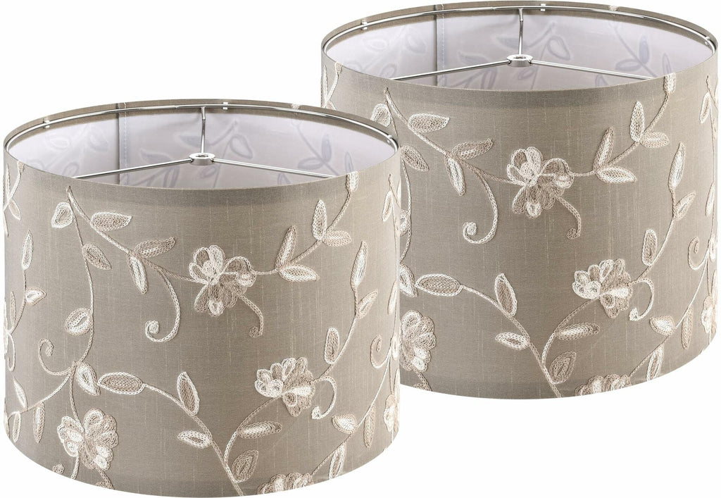 Creme Fabric Drum Lamp Shade with Embroidered Leaf Trim 13" Top x 13" Bottom x