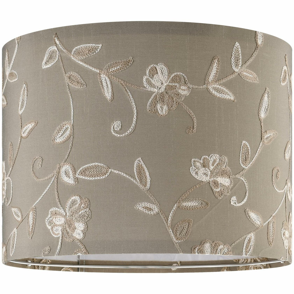 Creme Fabric Drum Lamp Shade with Embroidered Leaf Trim 13" Top x 13" Bottom x