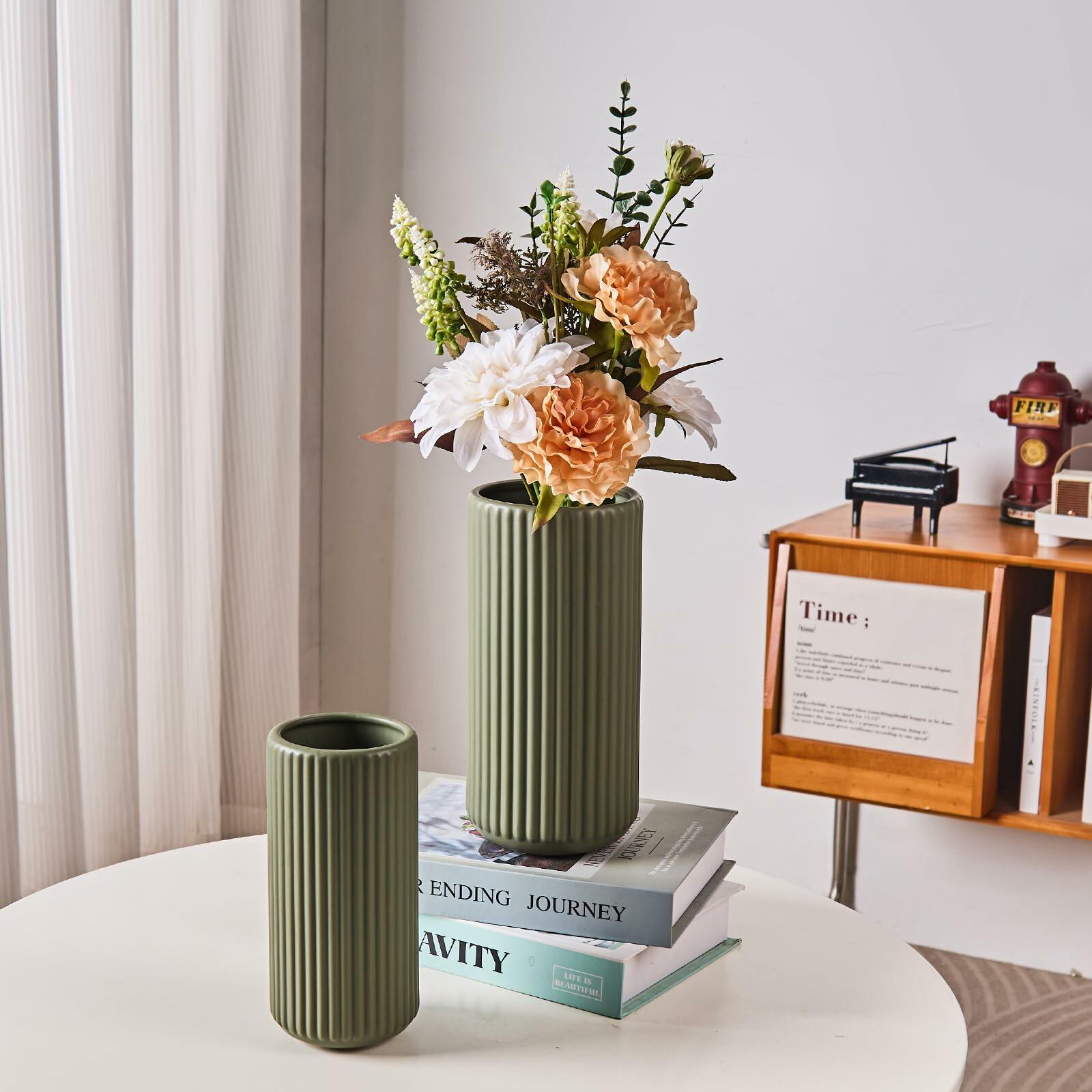 Green Ceramic Flower Vase for Pampas Grass, 8 inch Small Decorative Centerpiece