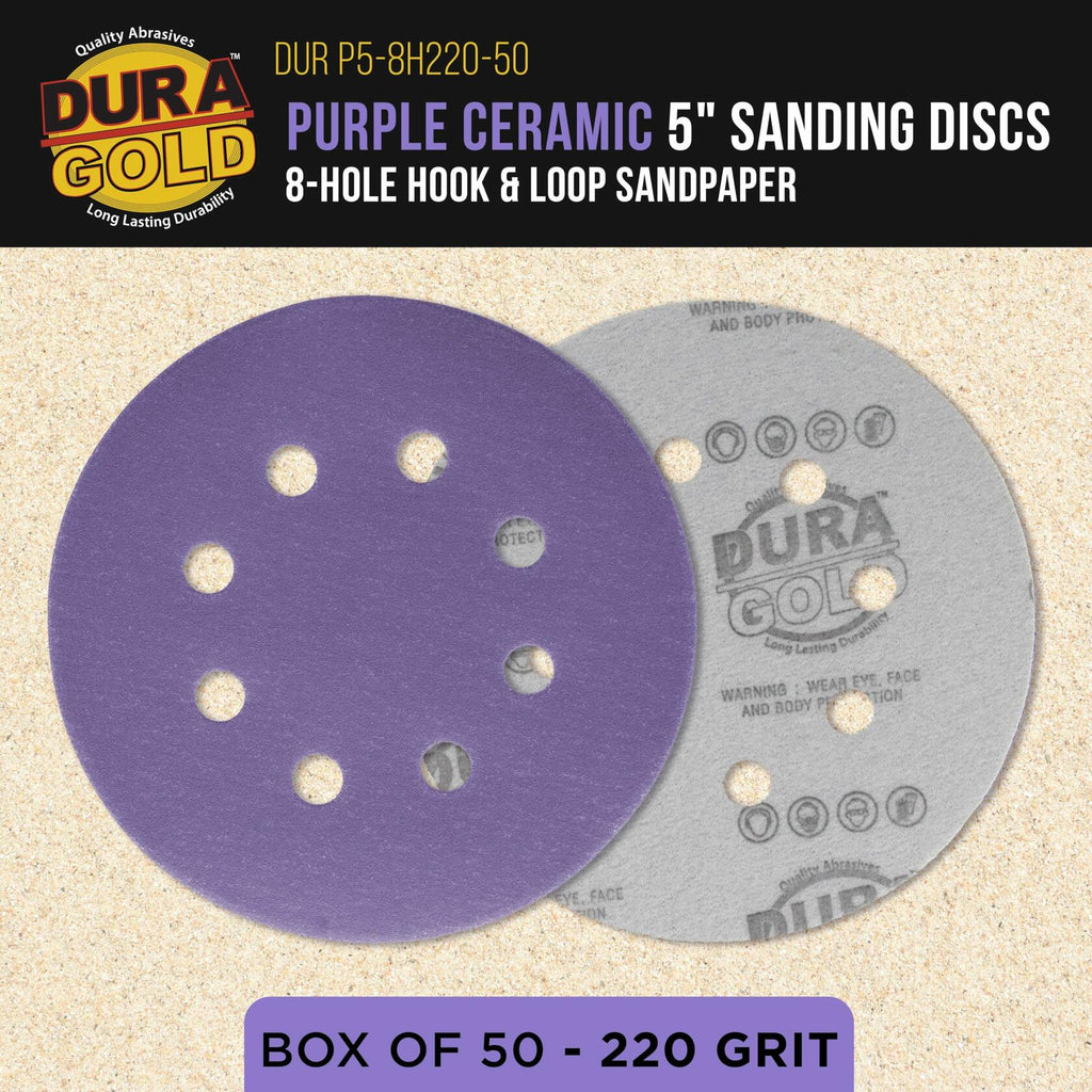Dura-Gold Premium 220 Grit 5" Purple Film Ceramic Sanding Discs, 8-Hole Pattern,