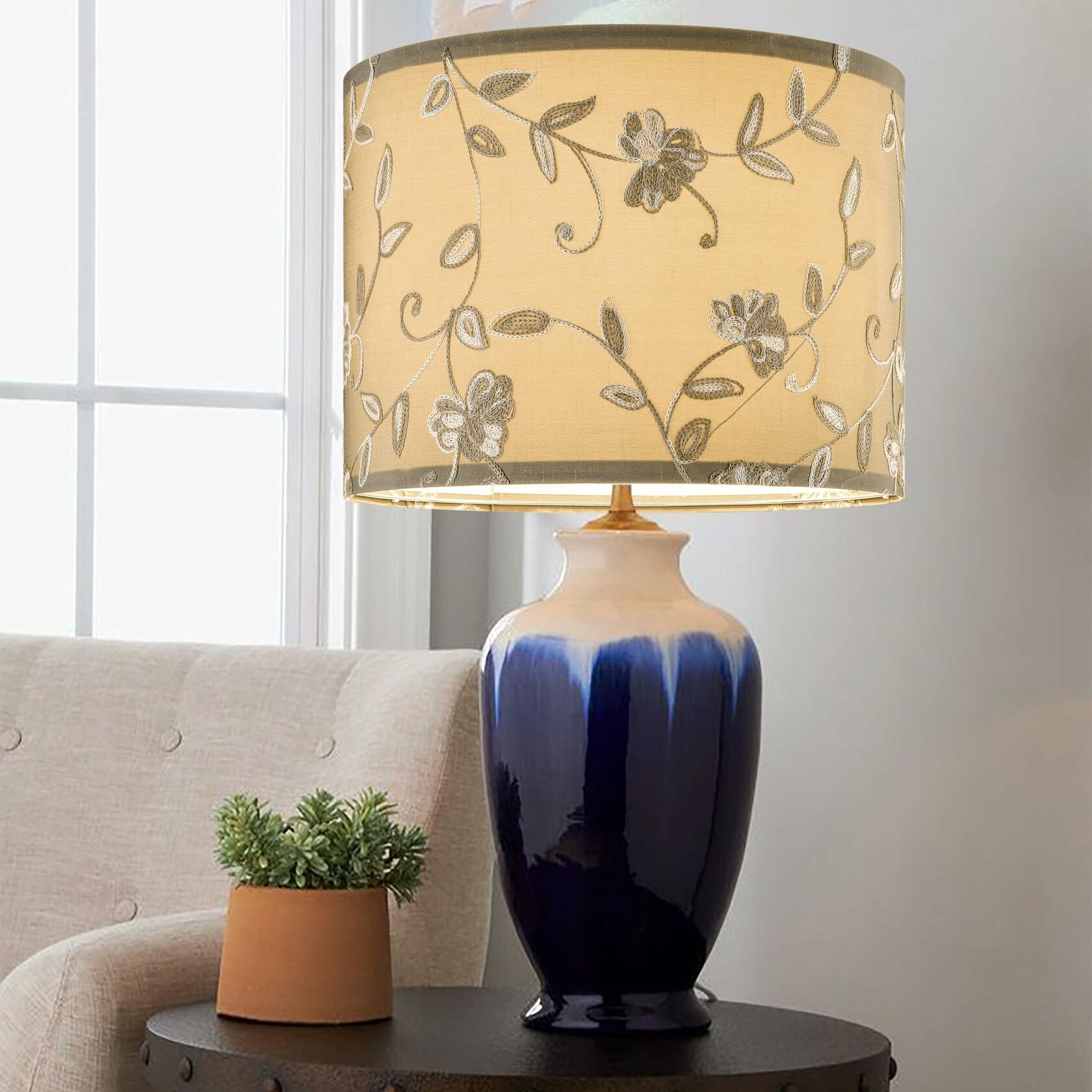 Creme Fabric Drum Lamp Shade with Embroidered Leaf Trim 13" Top x 13" Bottom x