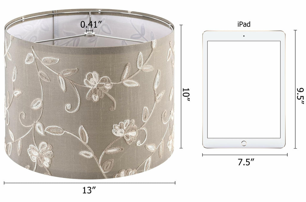 Creme Fabric Drum Lamp Shade with Embroidered Leaf Trim 13" Top x 13" Bottom x