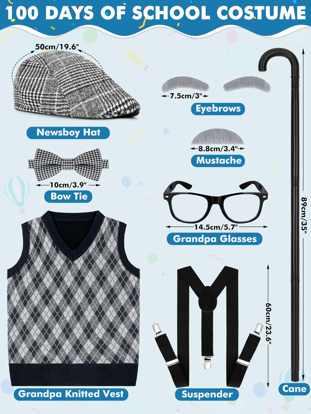 Luces 100th Days of School Costume, Boys Old Man Costume Vest Hat Accessories,