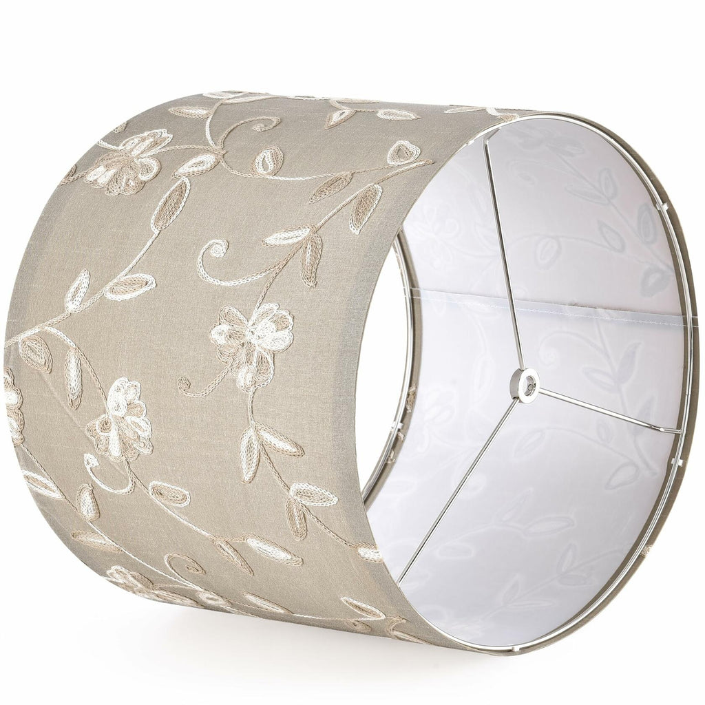 Creme Fabric Drum Lamp Shade with Embroidered Leaf Trim 13" Top x 13" Bottom x