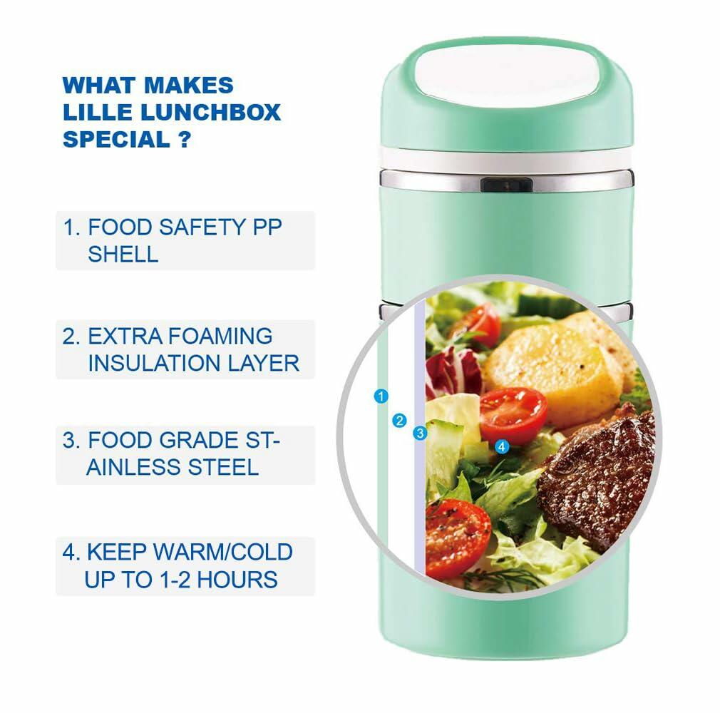 Lille Home Stackable Stainless Steel Thermal Compartment Lunch/Snack Box, 3-Tier