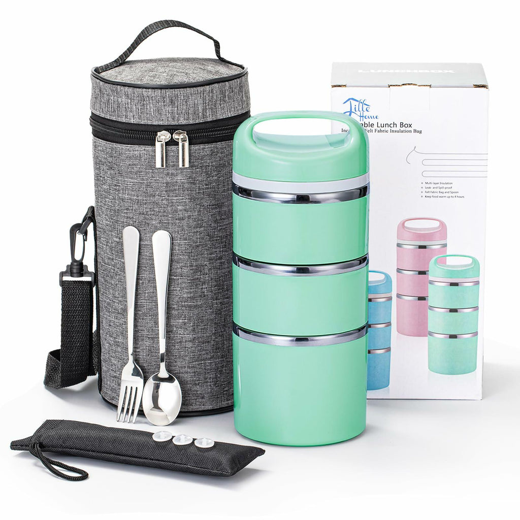 Lille Home Stackable Stainless Steel Thermal Compartment Lunch/Snack Box, 3-Tier