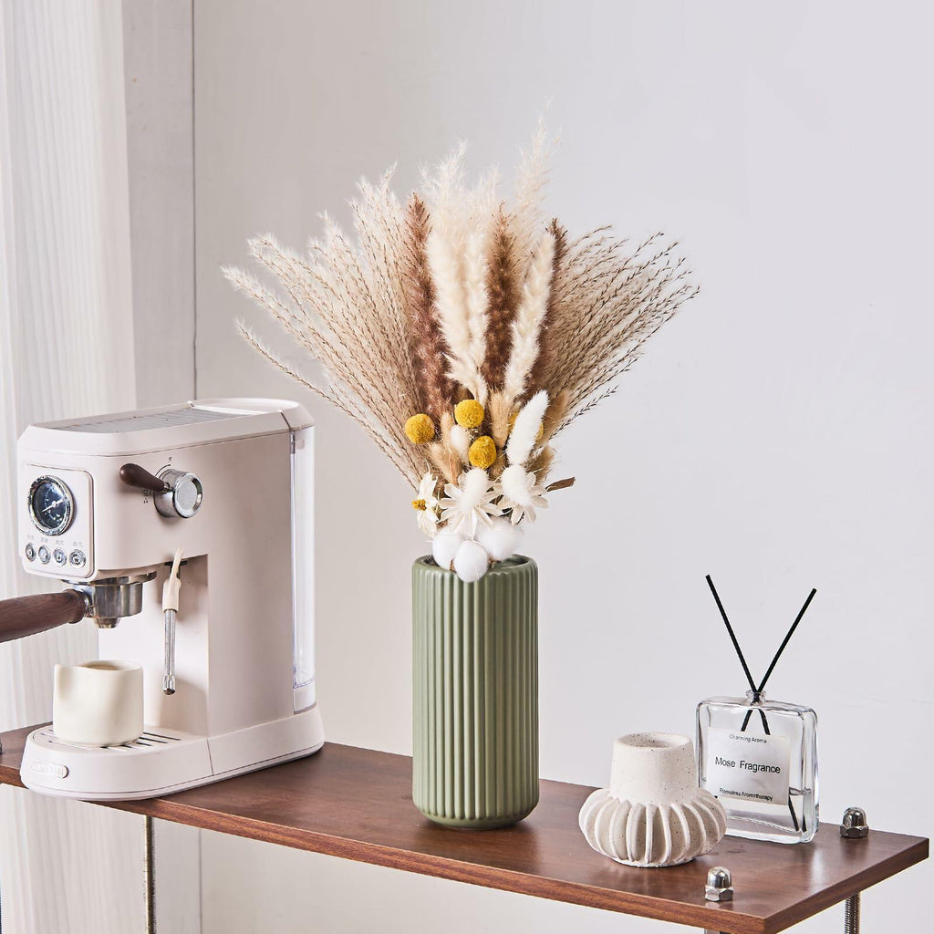Green Ceramic Flower Vase for Pampas Grass, 8 inch Small Decorative Centerpiece