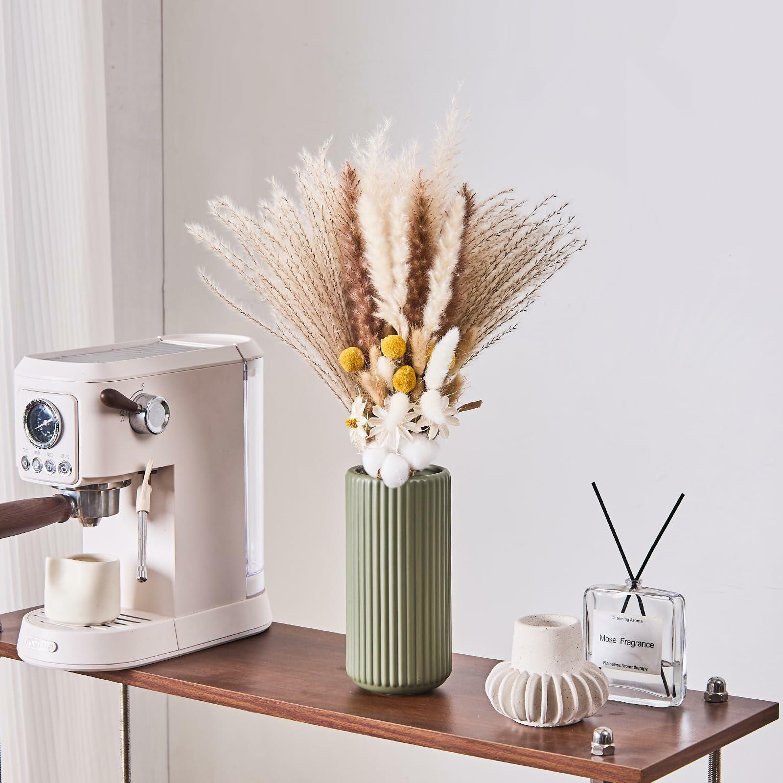 Green Ceramic Flower Vase for Pampas Grass, 8 inch Small Decorative Centerpiece