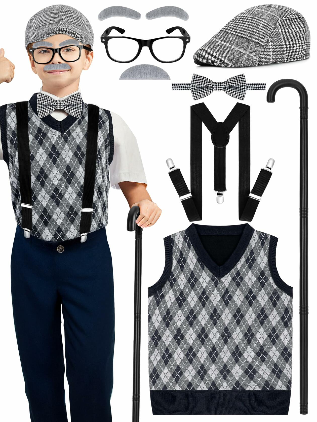 Luces 100th Days of School Costume, Boys Old Man Costume Vest Hat Accessories,