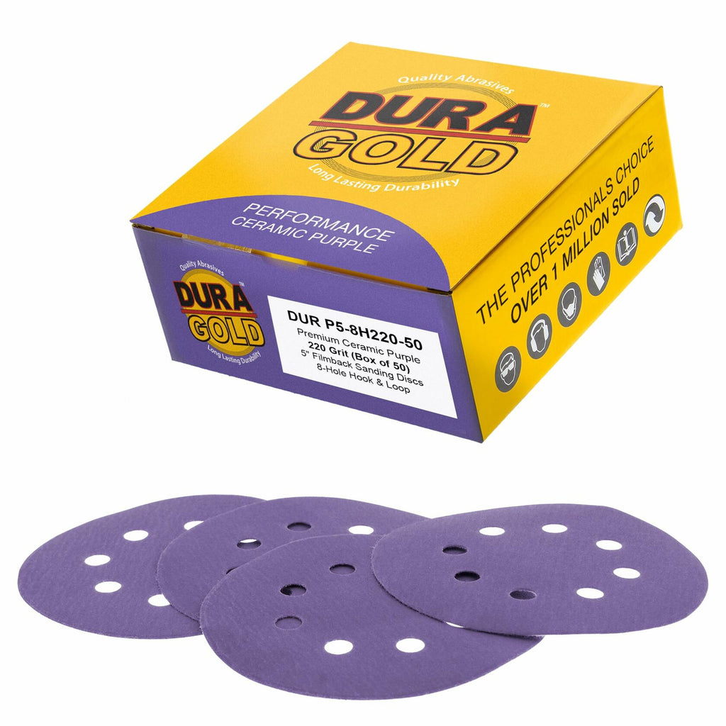 Dura-Gold Premium 220 Grit 5" Purple Film Ceramic Sanding Discs, 8-Hole Pattern,