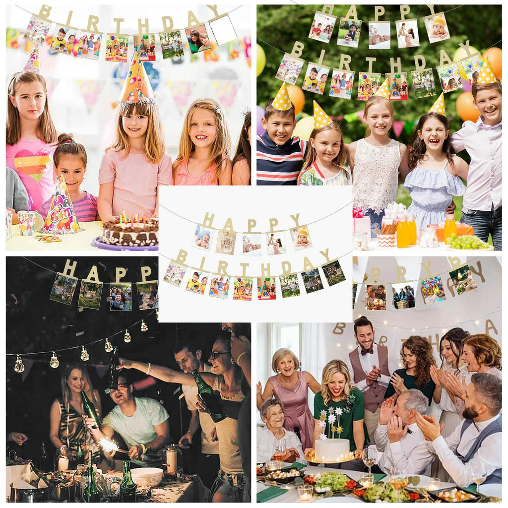 Birthday Photo Banner with 2 Strings of Fairy Lights for Children and Adult