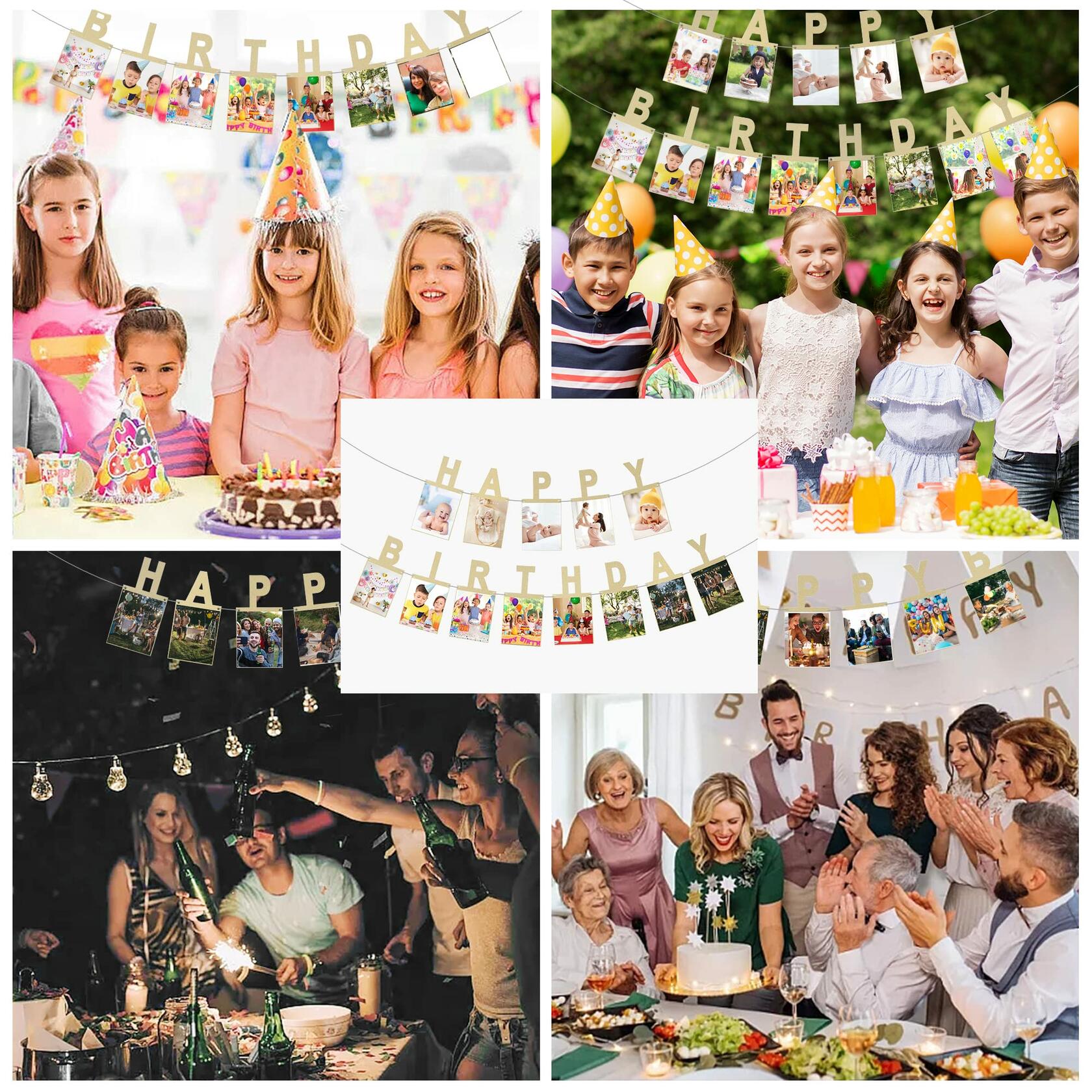 Birthday Photo Banner with 2 Strings of Fairy Lights for Children and Adult