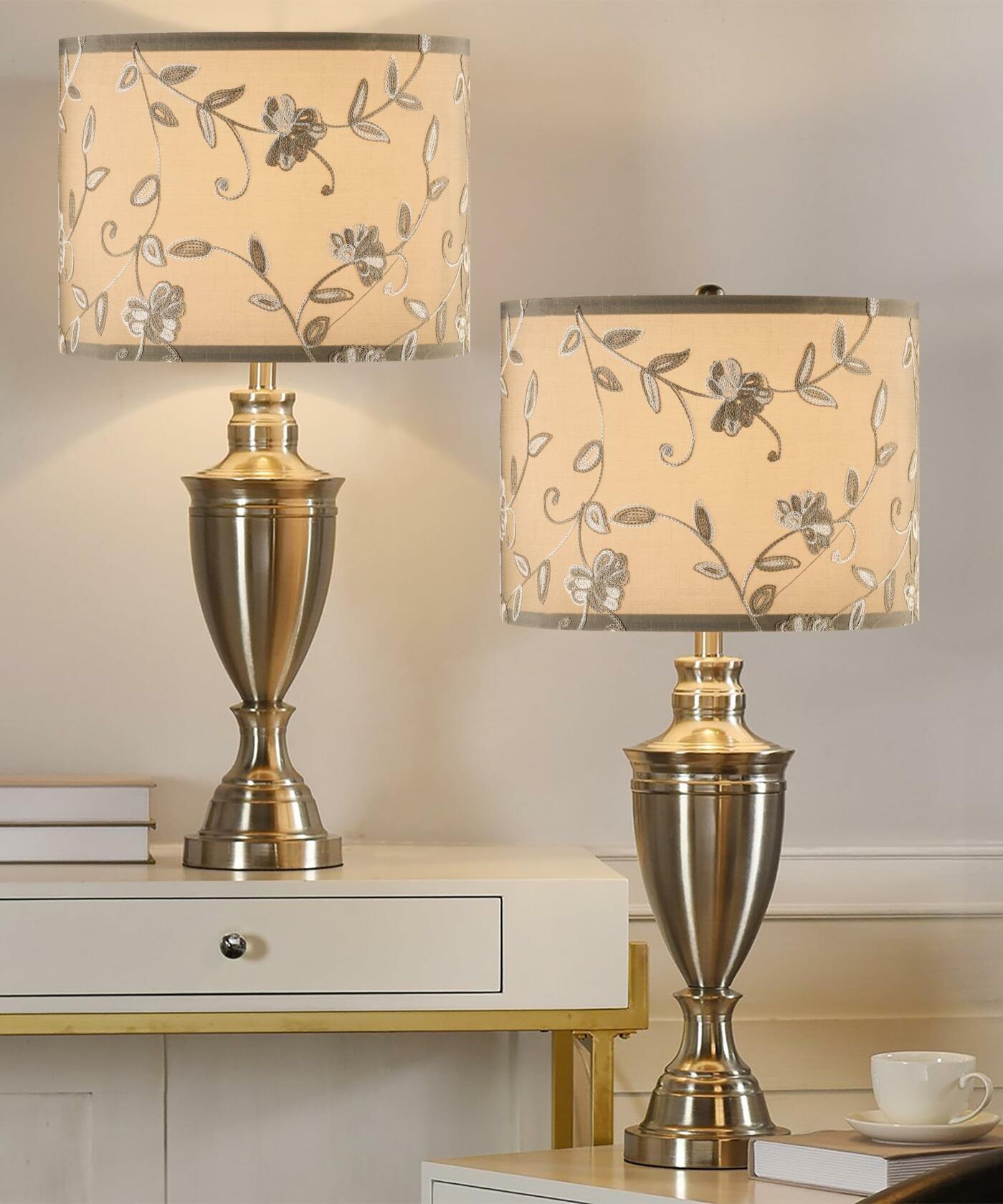 Creme Fabric Drum Lamp Shade with Embroidered Leaf Trim 13" Top x 13" Bottom x