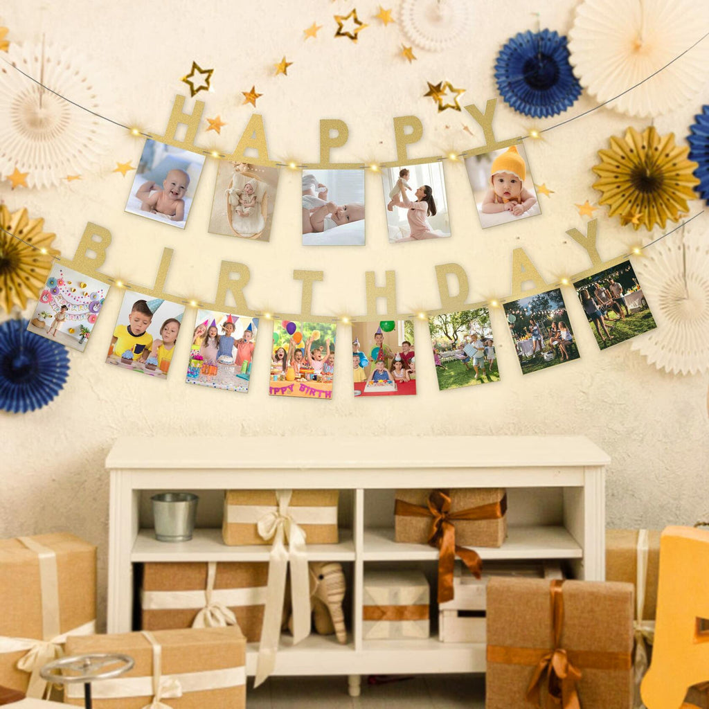 Birthday Photo Banner with 2 Strings of Fairy Lights for Children and Adult