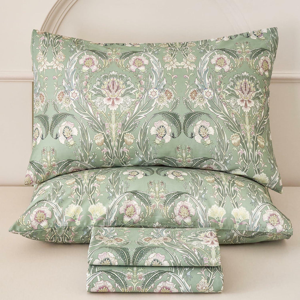 Huborise 17.5", 4Pcs Boho Sheets Silky Green Floral Bed Sheet Set Queen Size