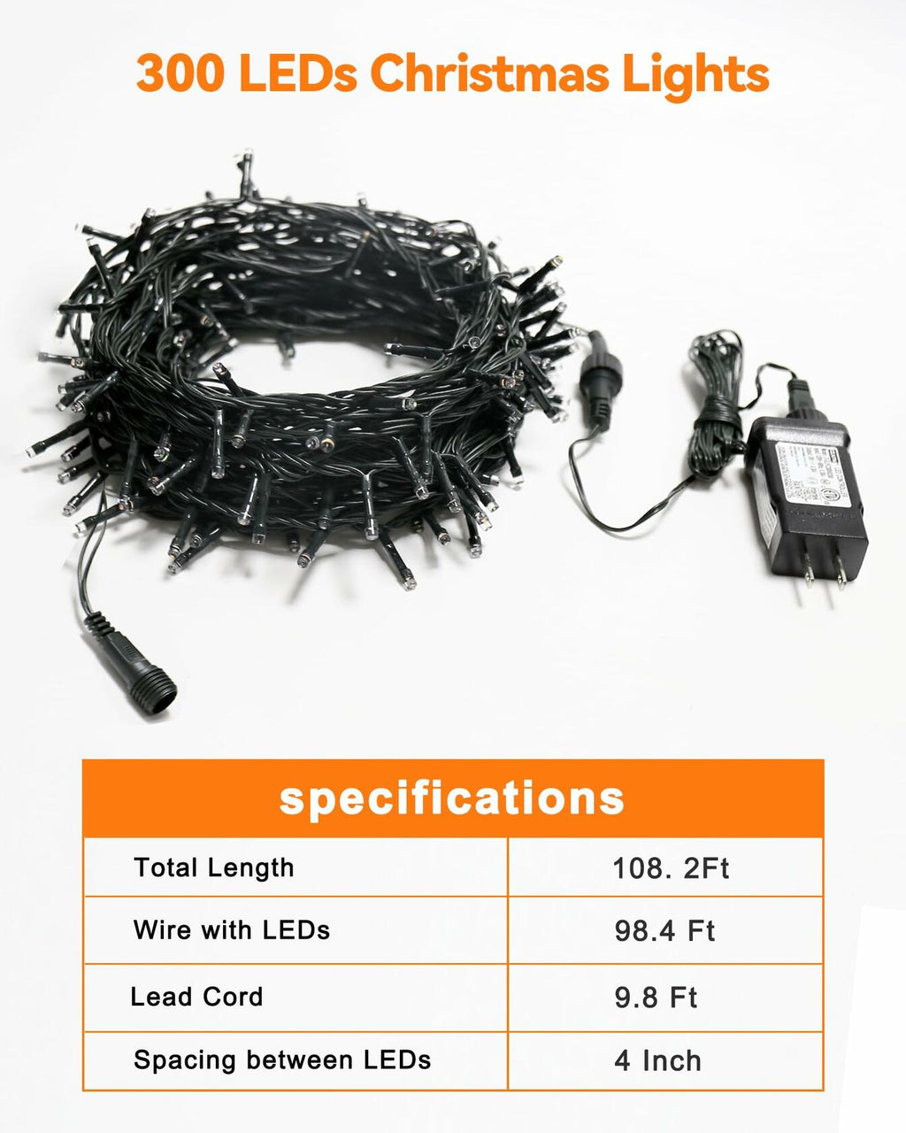 Blingstar Christmas String Lights - 98.4 Ft+9.8 Ft 300 LED Extendable Plug-in 8
