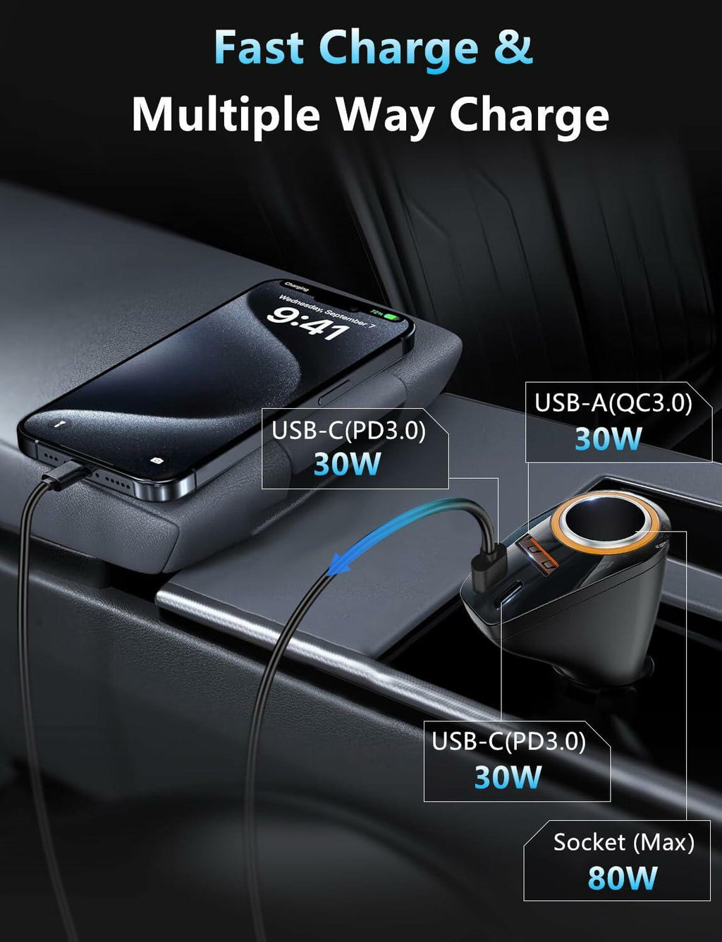 4 in 1 USB C Car Charger, 170W Multi USB Cigarette Lighter Adapter, Socket