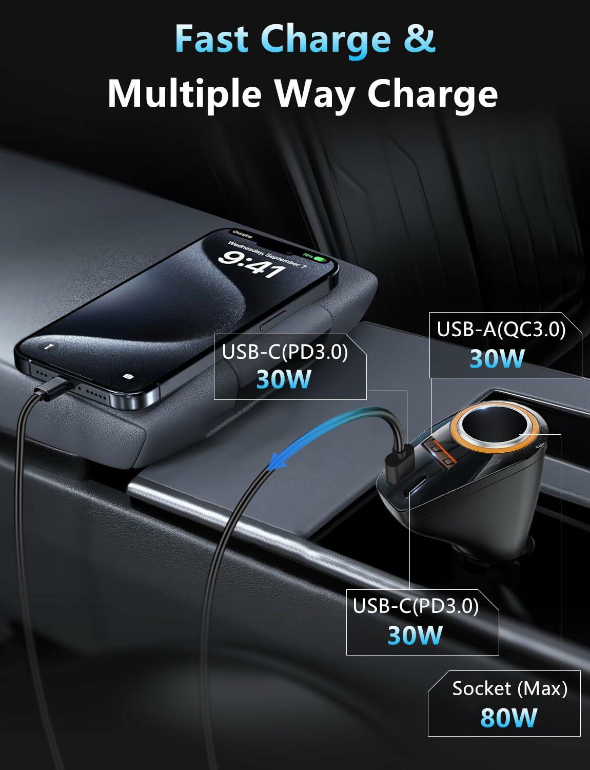 4 in 1 USB C Car Charger, 170W Multi USB Cigarette Lighter Adapter, Socket