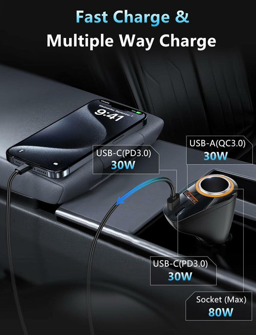 4 in 1 USB C Car Charger, 170W Multi USB Cigarette Lighter Adapter, Socket