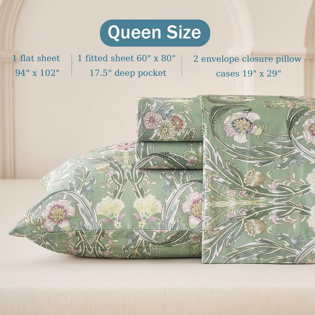 Huborise 17.5", 4Pcs Boho Sheets Silky Green Floral Bed Sheet Set Queen Size